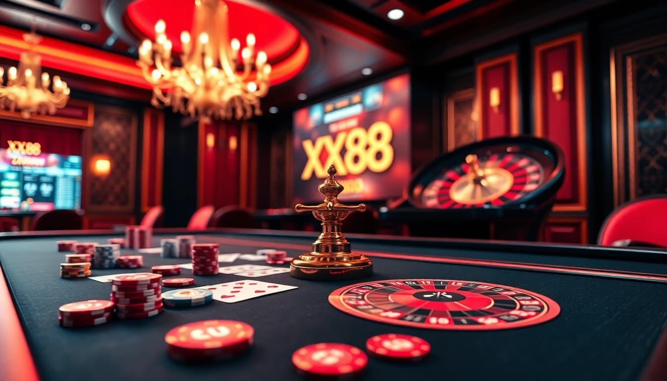 Experience the excitement of betting at https://xx88.moe/ with poker chips and cards on a luxurious casino table.