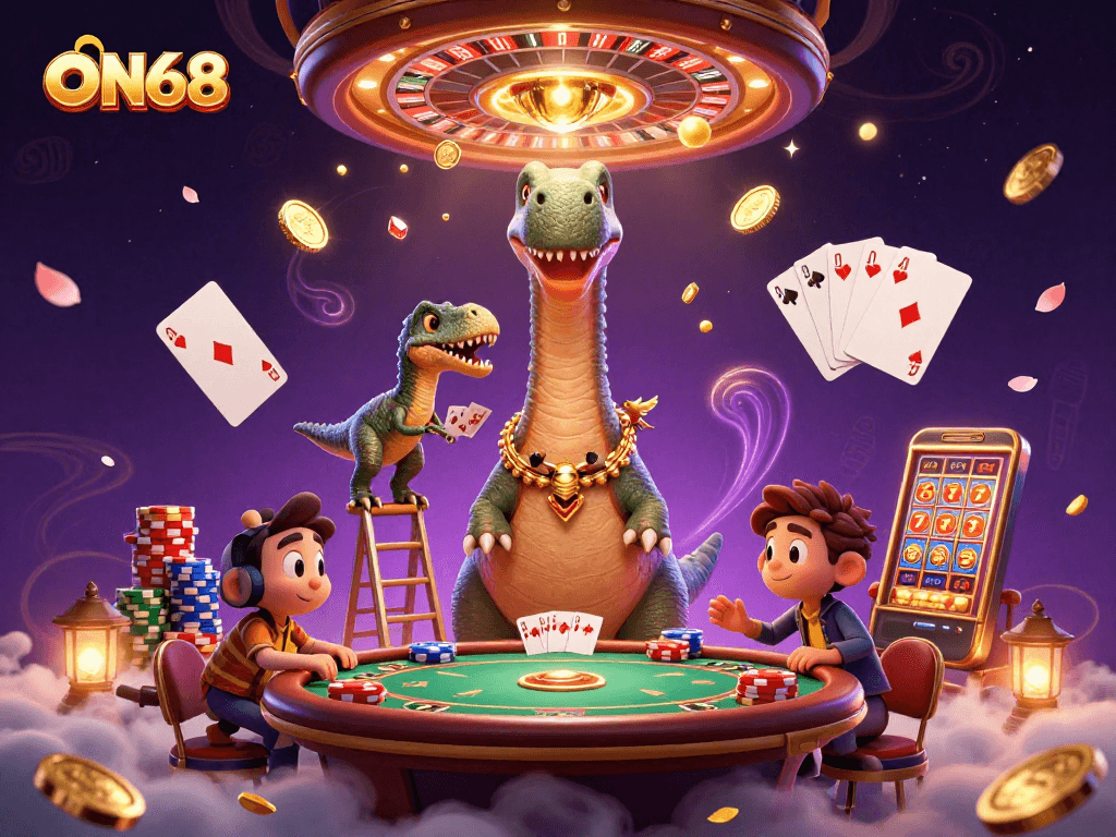 Experience ON68 gaming thrills with a brontosaurus at a vibrant casino table.
