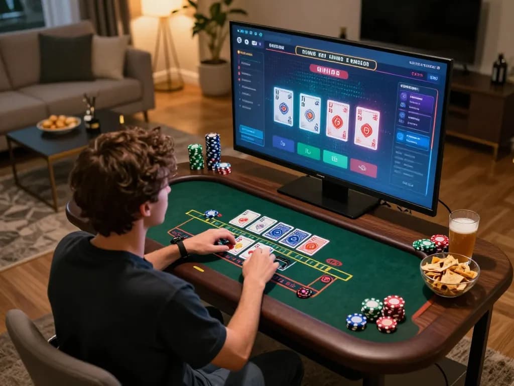 HI88 player enjoying live dealer casino games in a cozy home environment.