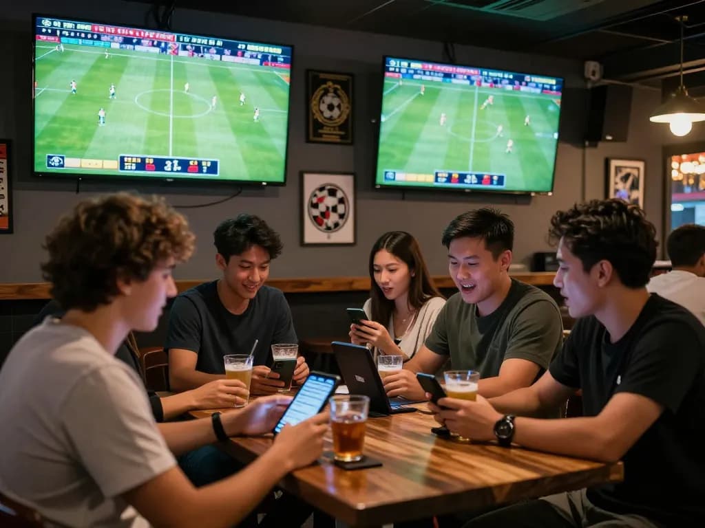 Tỷ lệ kèo nhà cái hôm nay being actively betted on during an exciting sports event at a bustling betting bar