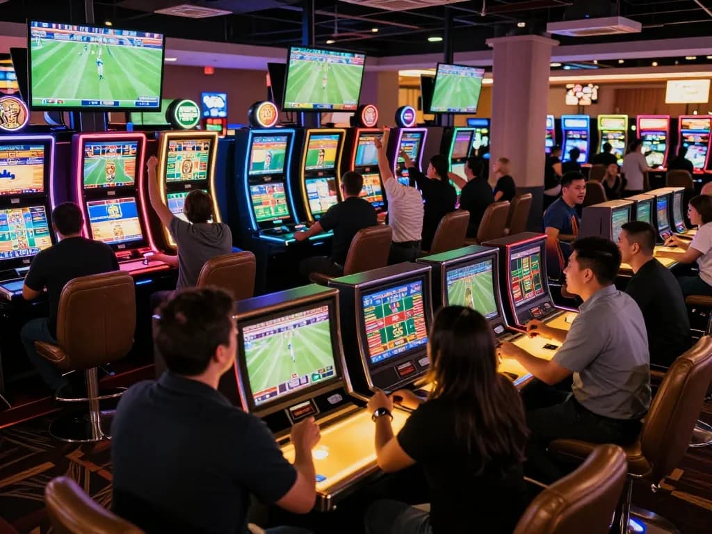 Footballl fans placing bets in a vibrant sports lounge during live games.