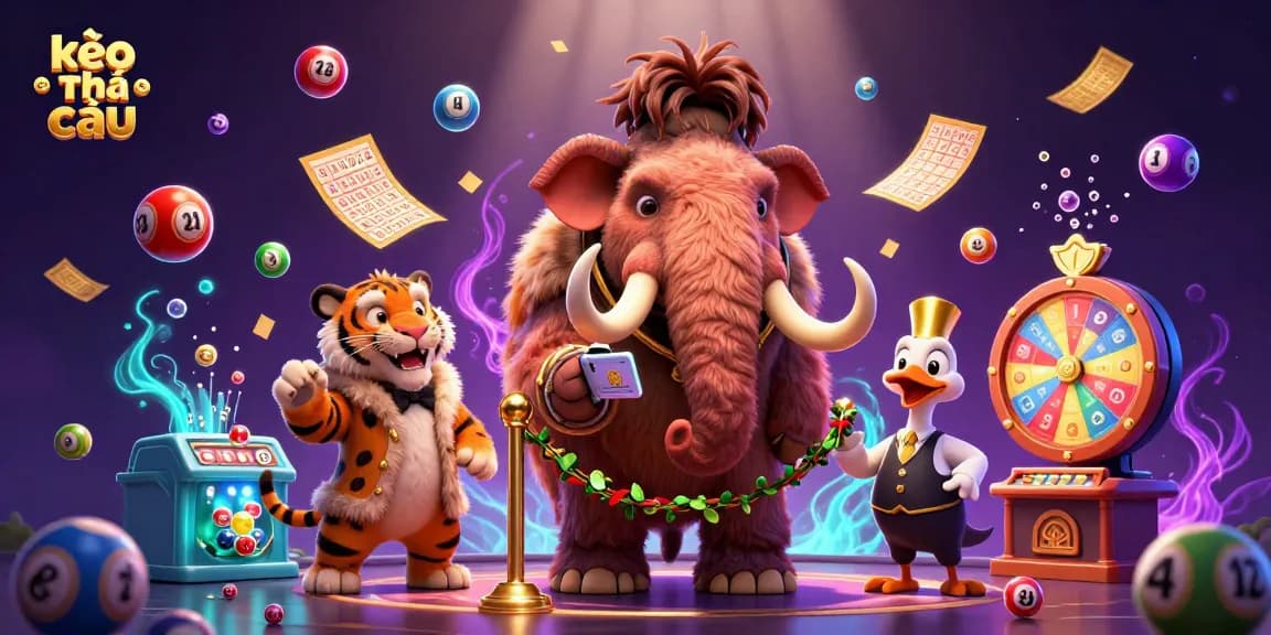 Engage with kèo nhà cái through a rich, dynamic casino scene featuring colorful lottery elements and iconic characters.