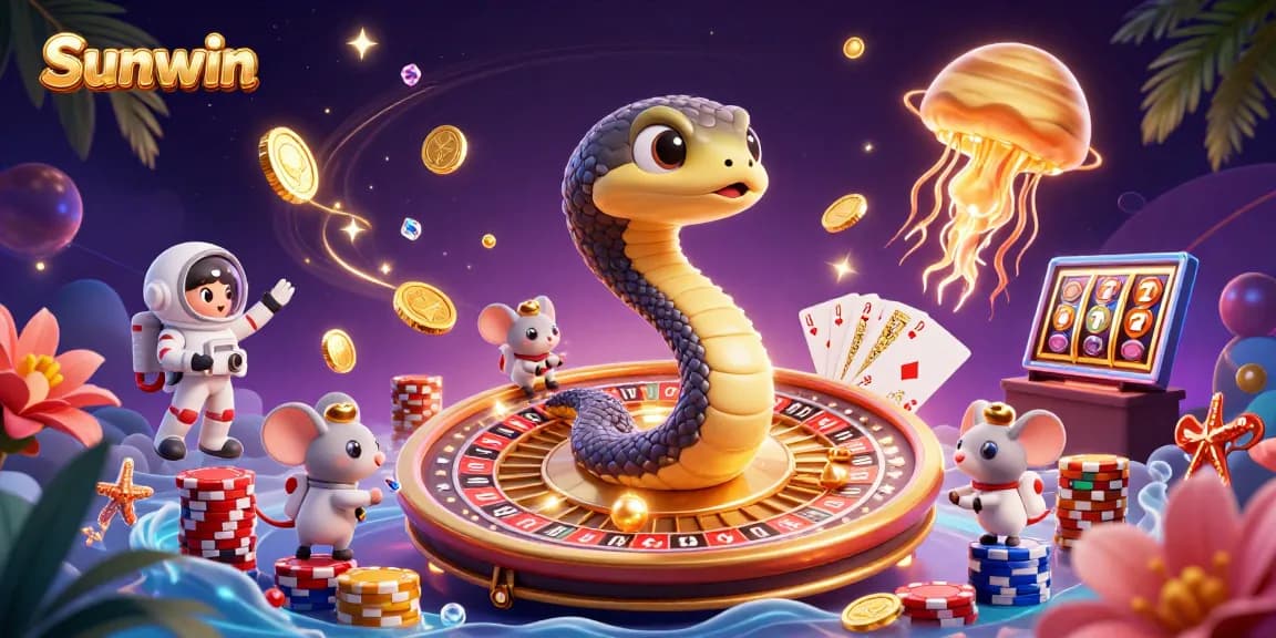 Place bets at Sunwin with a thrilling cosmic casino scene featuring fun characters and exciting elements