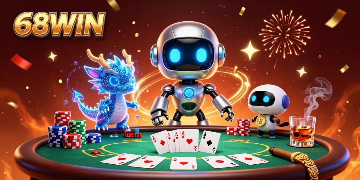 Experience thrilling gaming action with 68WIN as our cyberpunk mascot celebrates with poker chips and cards.