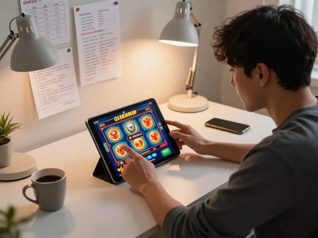 Bermain slot gacor di tablet di kantor rumah yang nyaman, dikelilingi oleh catatan taruhan strategis.