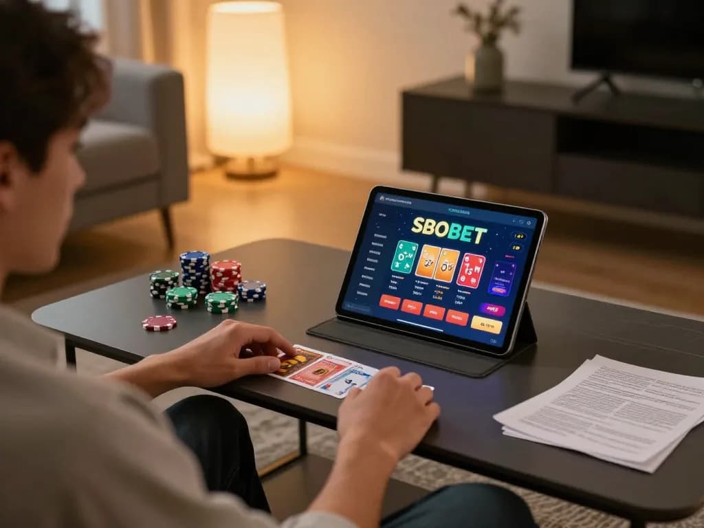 SBOBET player engaging with online casino on tablet, vibrant gaming setup in cozy home