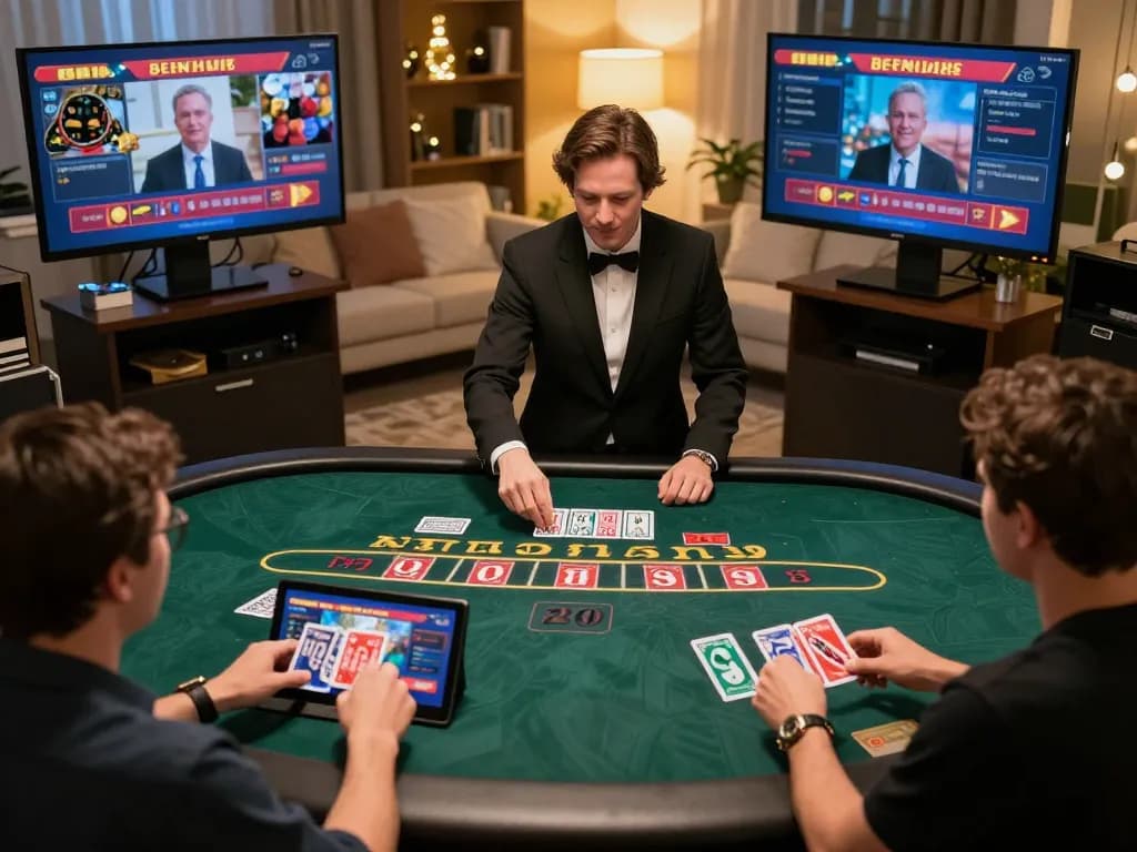 Players enjoying the bayvip online blackjack experience at home, celebrating wins with friends