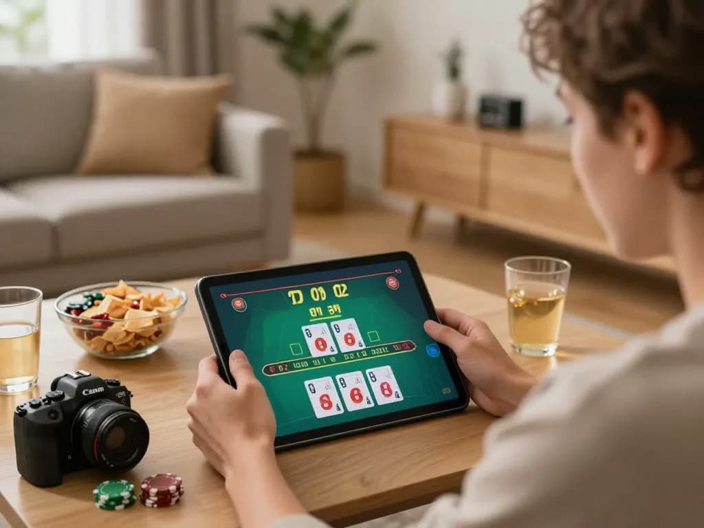 Player engaging in online blackjack on a tablet, highlighting hu-based betting strategy in a cozy living room.