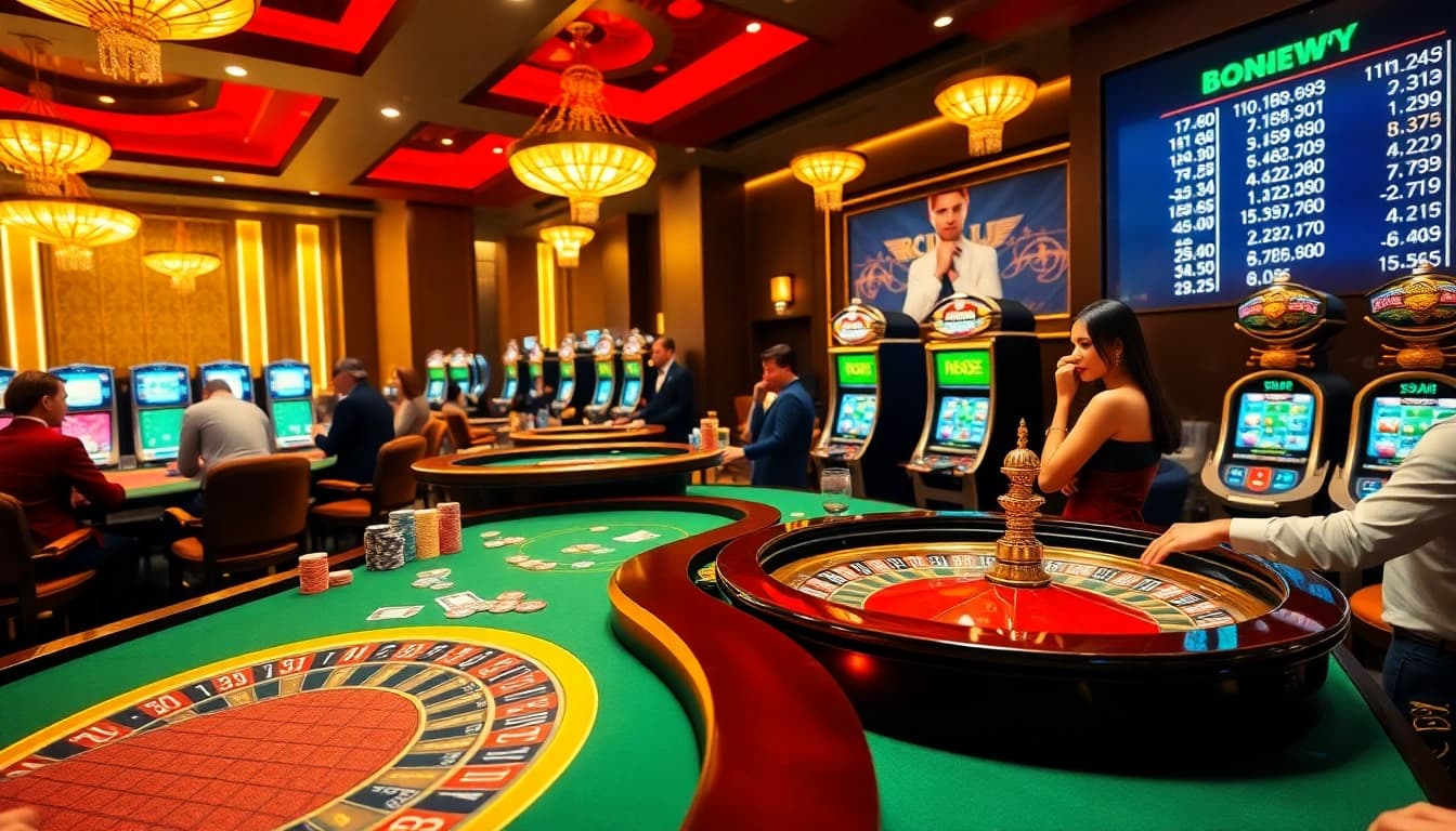 Engaging gamblers at 888NEW, showcasing vibrant online casino action with poker chips and a roulette wheel.