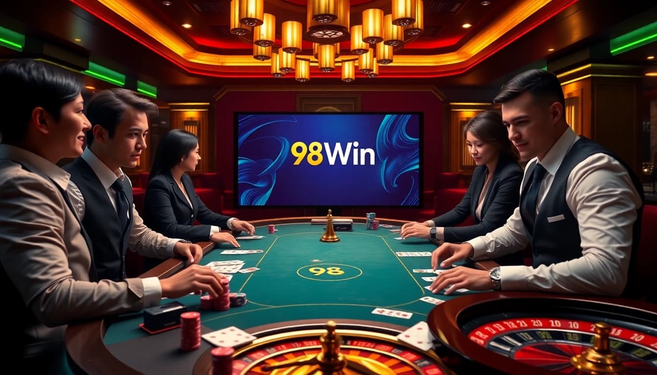 Experience high-stakes poker at 98Win with players sharpening their strategy amidst vibrant casino visuals.