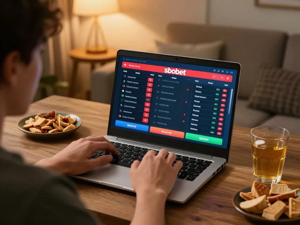 Player engaging in sports betting on sbobet with a laptop in a cozy home setting, showcasing live odds and betting options.