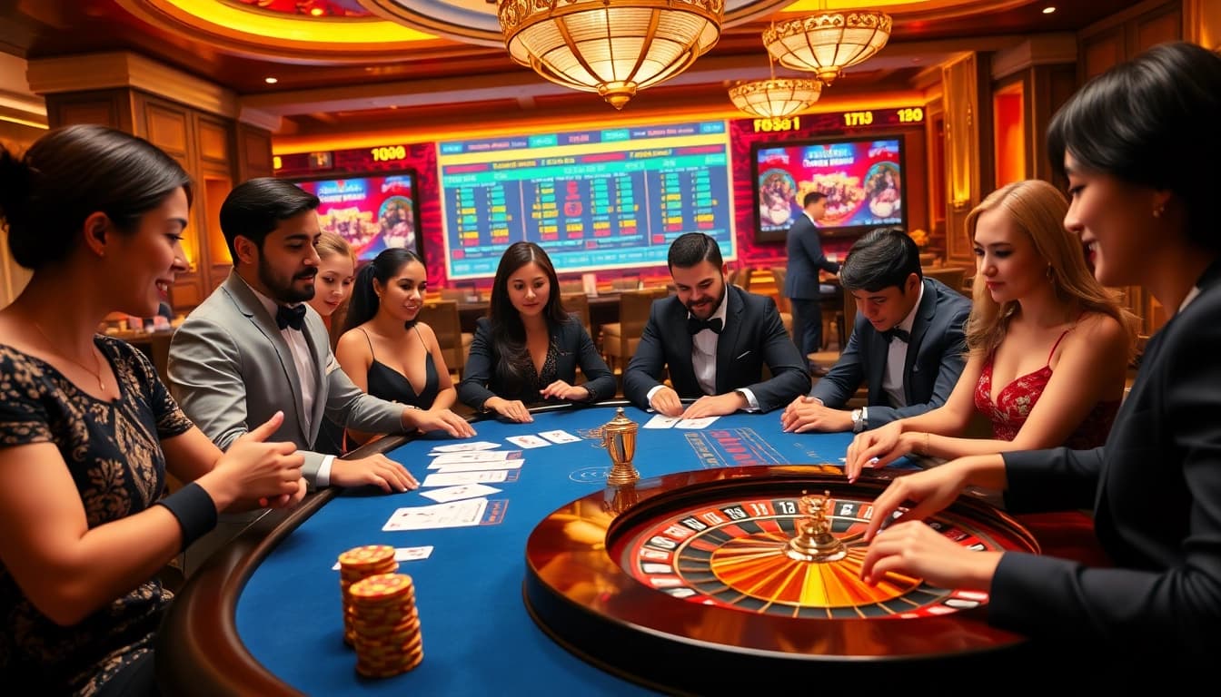 Players enjoying an exciting game at a 789bet casino table, showcasing a dynamic gambling atmosphere.