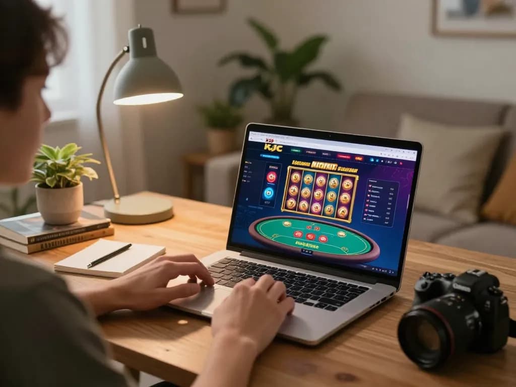 KJC online gaming setup with vibrant laptop screen displaying exciting casino games engaging players.