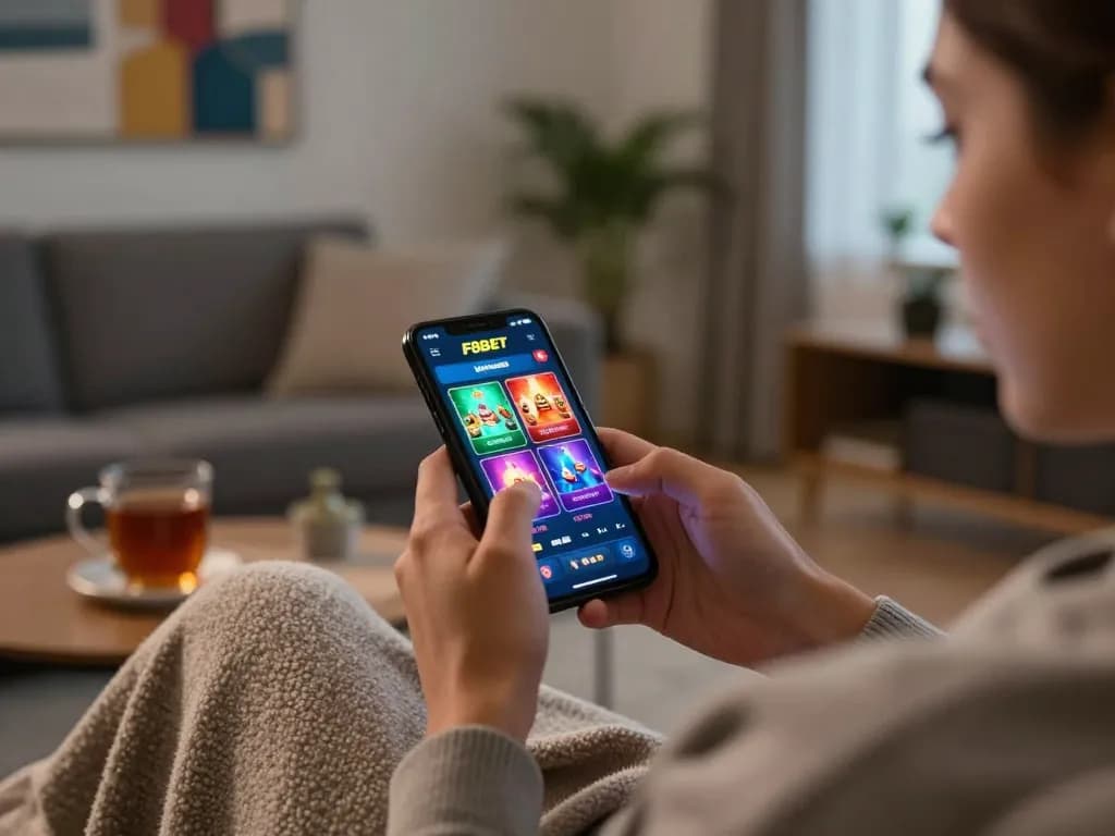 Play F8BET casino games on mobile device in cozy living room setting
