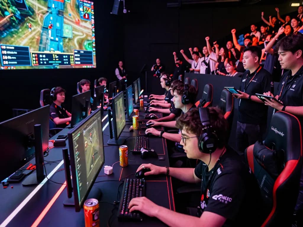 Competitive players at a Sunwin eSports gaming tournament displaying intense focus and excitement.