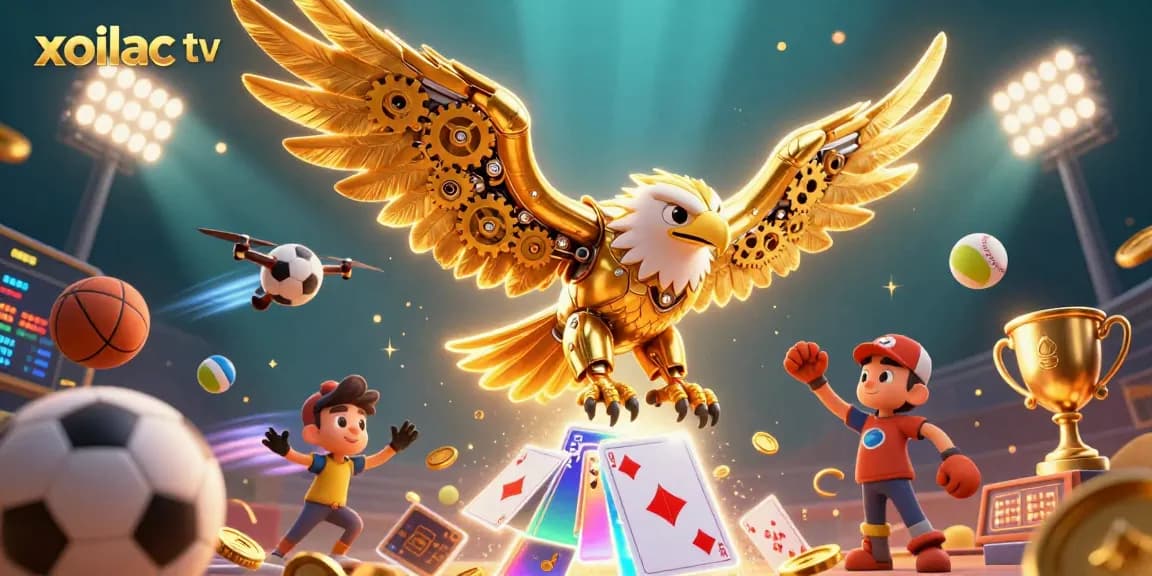 Xoilac TV showcases a dynamic gambling scene with a cybernetic eagle surrounded by vibrant sports elements and rich detail.