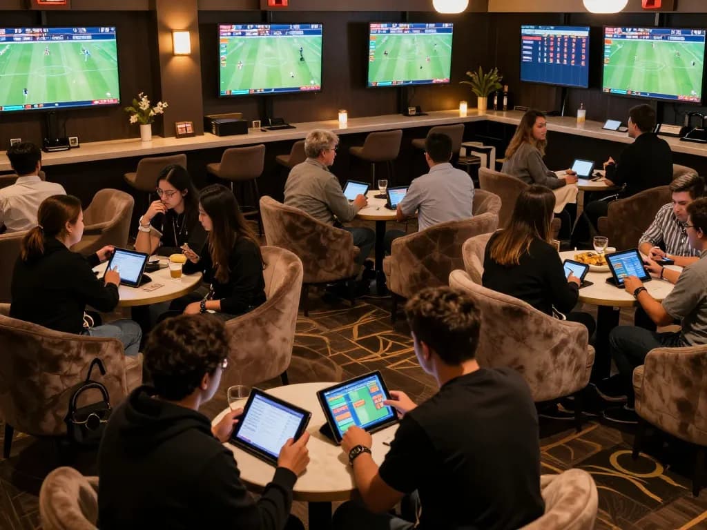 Engaged bettors analyzing keo nha cai odds in a luxury sports betting lounge