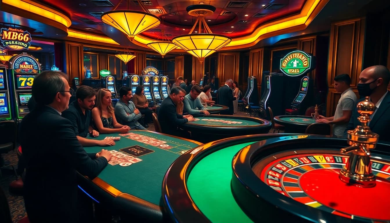 Gambling excitement at MB66 casino featuring vibrant slot machines and poker tables.