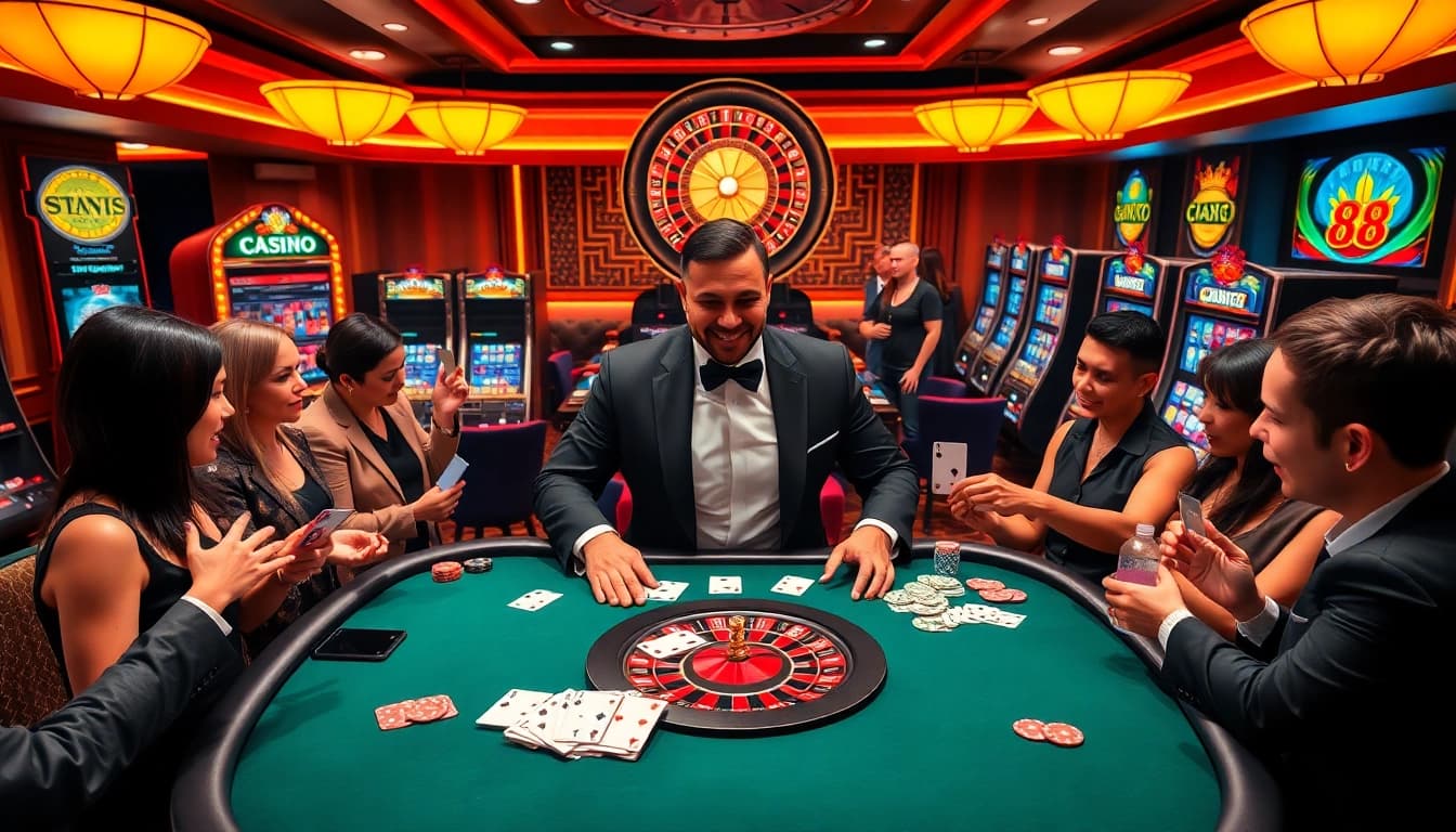 Players engaging in thrilling poker action at a luxurious 88I casino table.