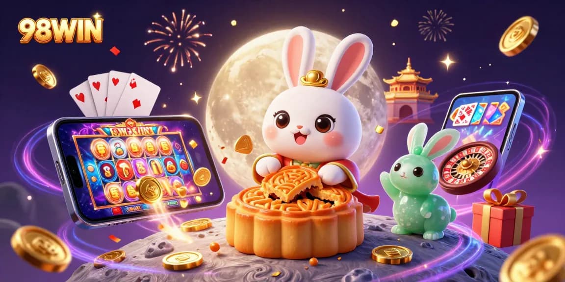 Engage with 98WIN's magical gaming scene featuring a moon rabbit and casino elements.