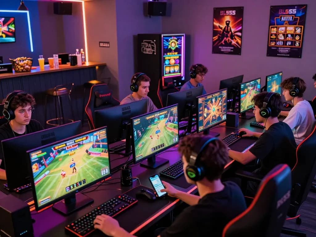 BL555 gaming lounge bustling with players enjoying online games and casino action in a vibrant atmosphere.