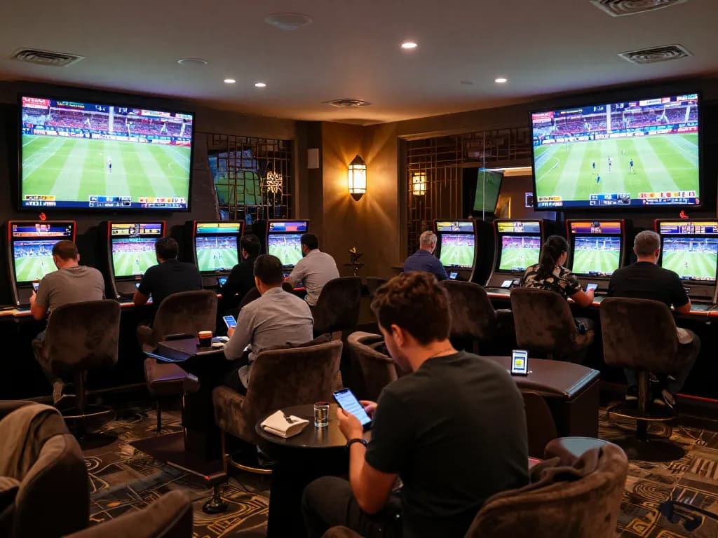 Watch bettors engage with live sports events in the vibrant ga8888 betting lounge.