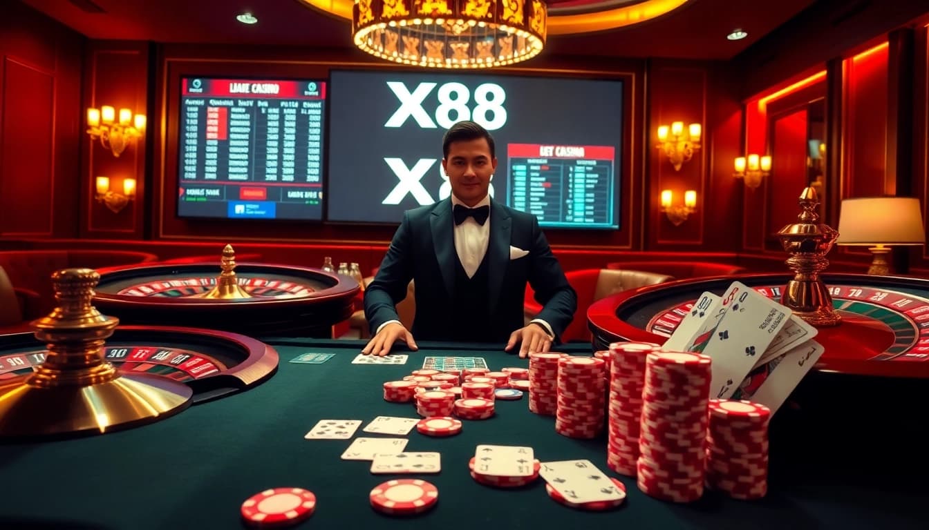 A dynamic casino scene with a professional dealer and XX88 branding, highlighting poker chips and a roulette wheel.