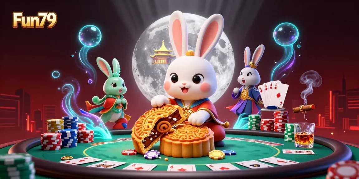 Fun79 invites players to win poker chips in a playful, whimsical 3D casino scene featuring a moon rabbit.