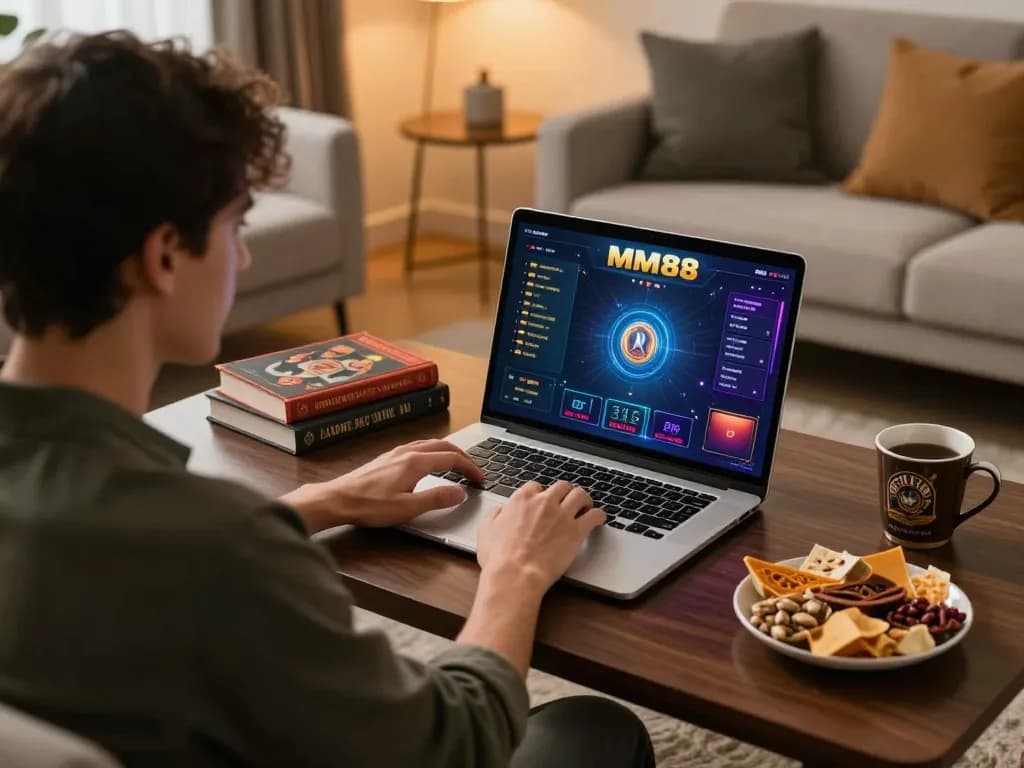Engaging in an MM88 online gaming session at home with a laptop and strategy notes