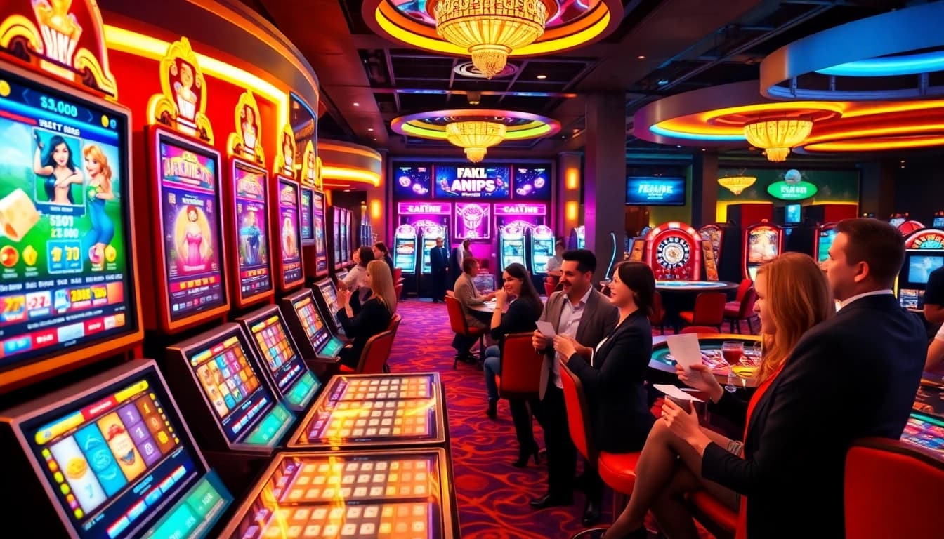 Players celebrating wins at a lively slot gacor machine area in a vibrant casino.