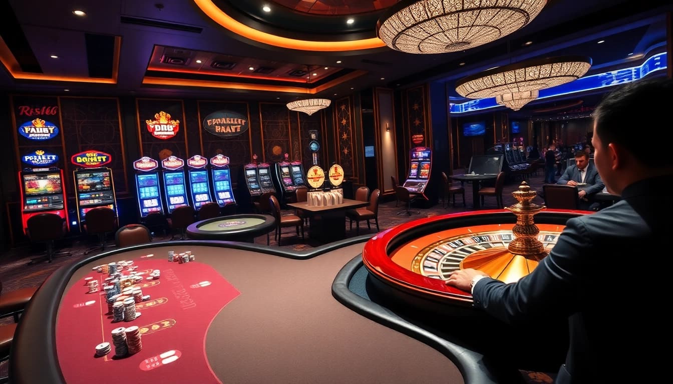 Players engaging in high-stakes gambling at RR88 casino with poker chips and cards.