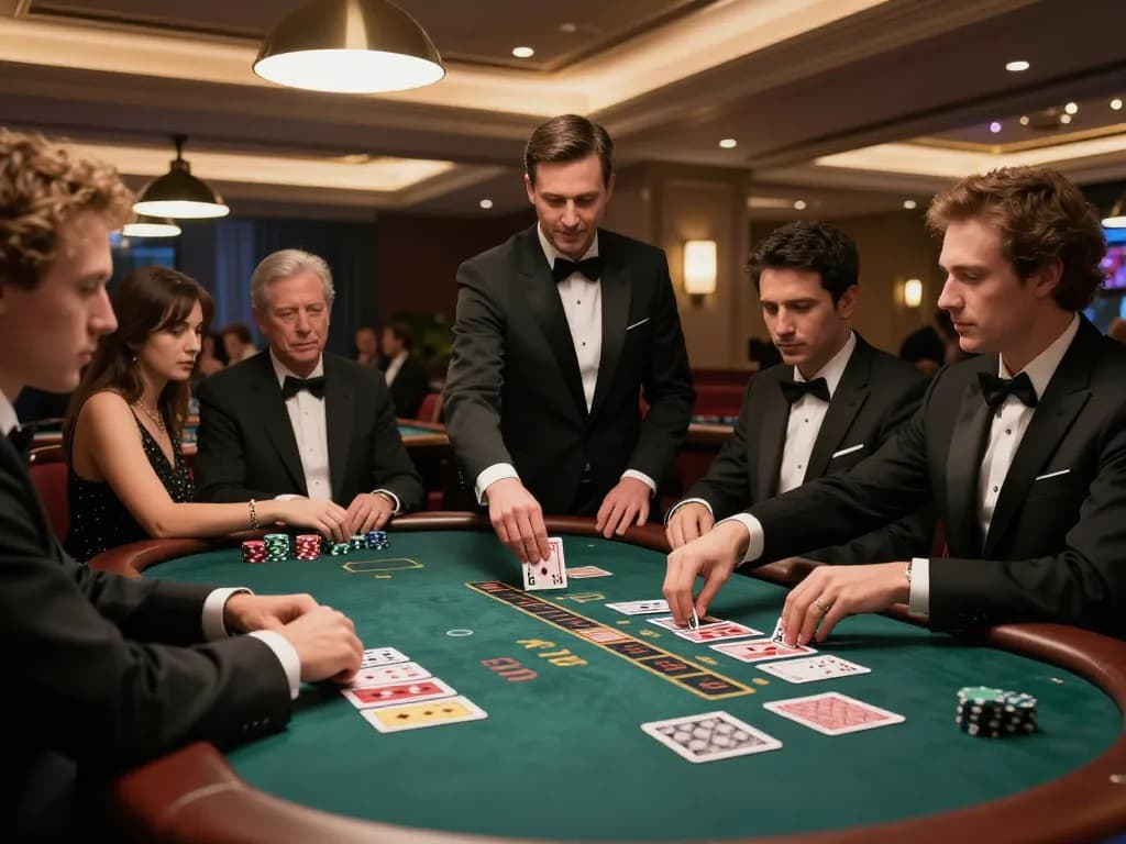 Experience high-stakes blackjack gameplay at fly88 casino with a professional dealer and players focused on strategic moves.