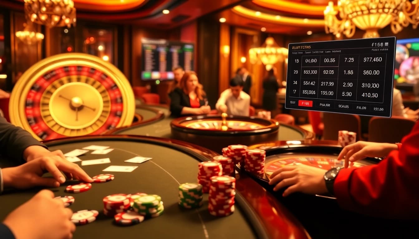 Experience the excitement of F168 with thrilling casino tables and vibrant gaming elements.