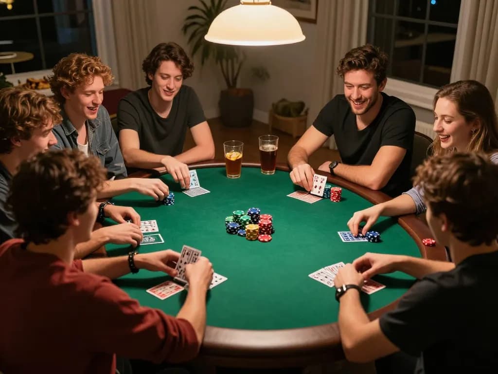 Friends playing poker at home during an exciting game night, illustrating the fun experience at HB88.