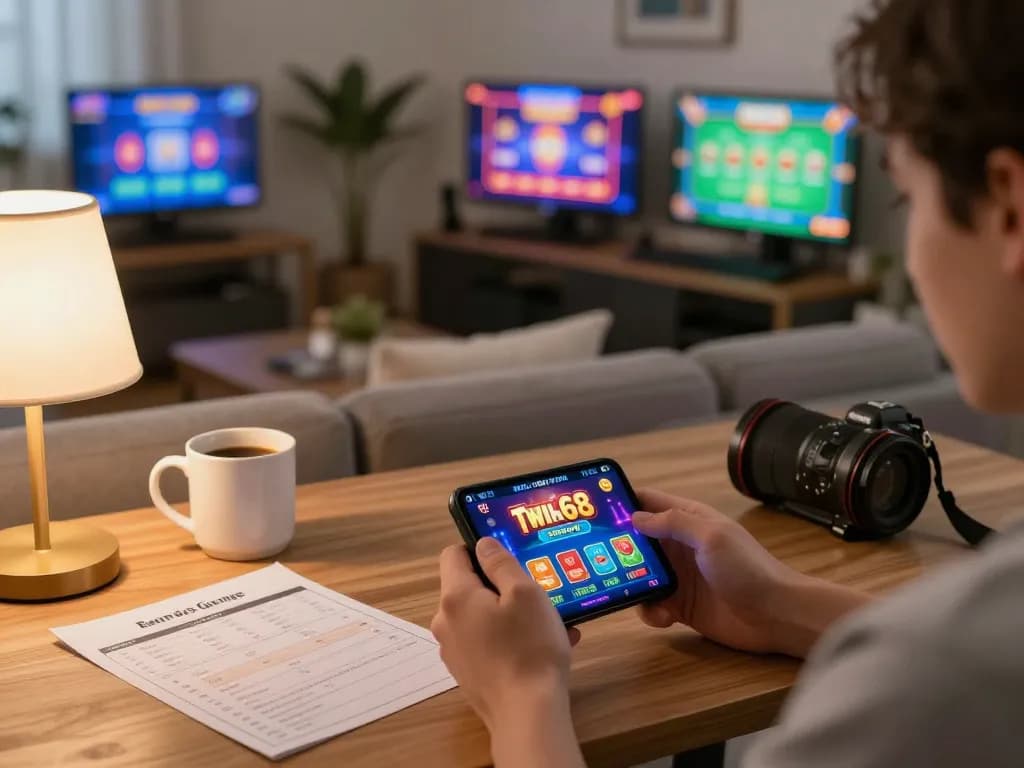 Engaged player exploring twin68 mobile gambling app in a cozy home setting with multiple screens and strategy notes.