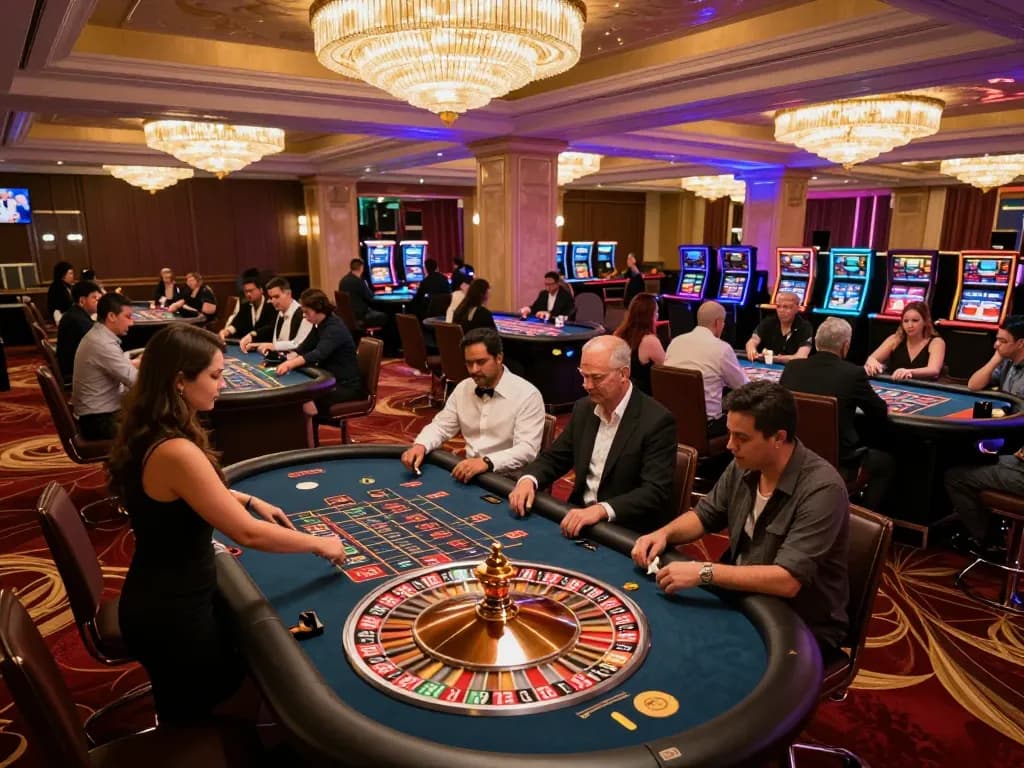 GO8 players enjoying an exciting game of roulette at a vibrant casino floor, with croupier spinning the wheel.