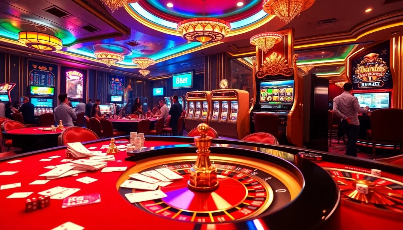 Exciting gaming moments at 8kbet with vibrant casino tables and players enjoying the thrill of gambling.