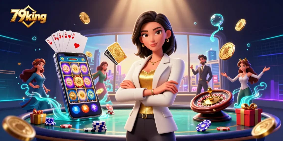 79king illuminates the gaming scene with a powerful Asian woman displaying her cards amid colorful casino elements.