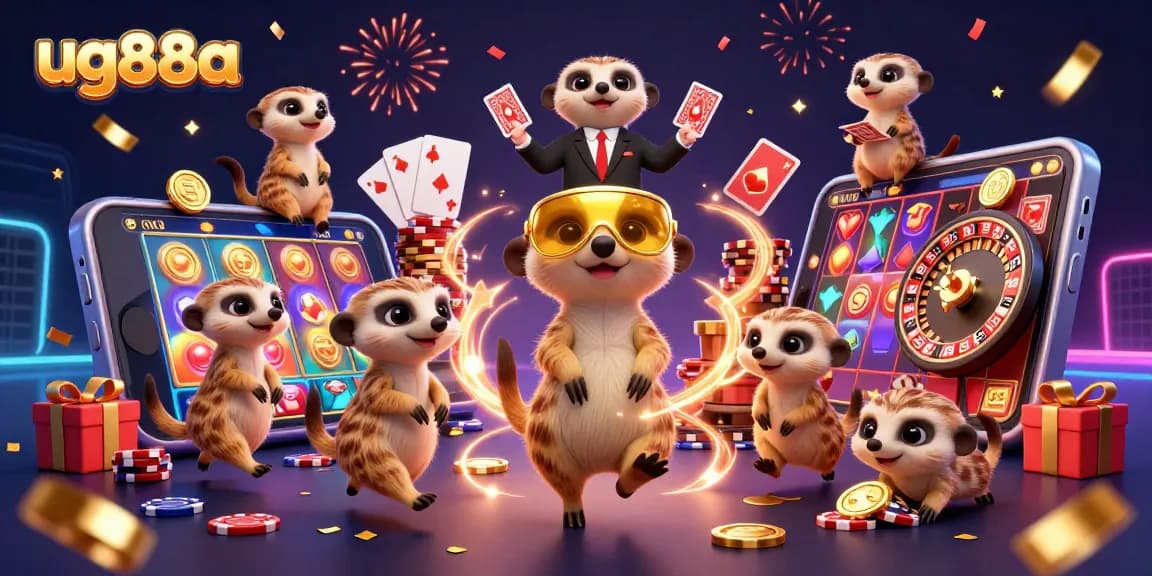 Experience thrilling games at ug88a with playful meerkats enjoying lively casino action and colorful slot games.
