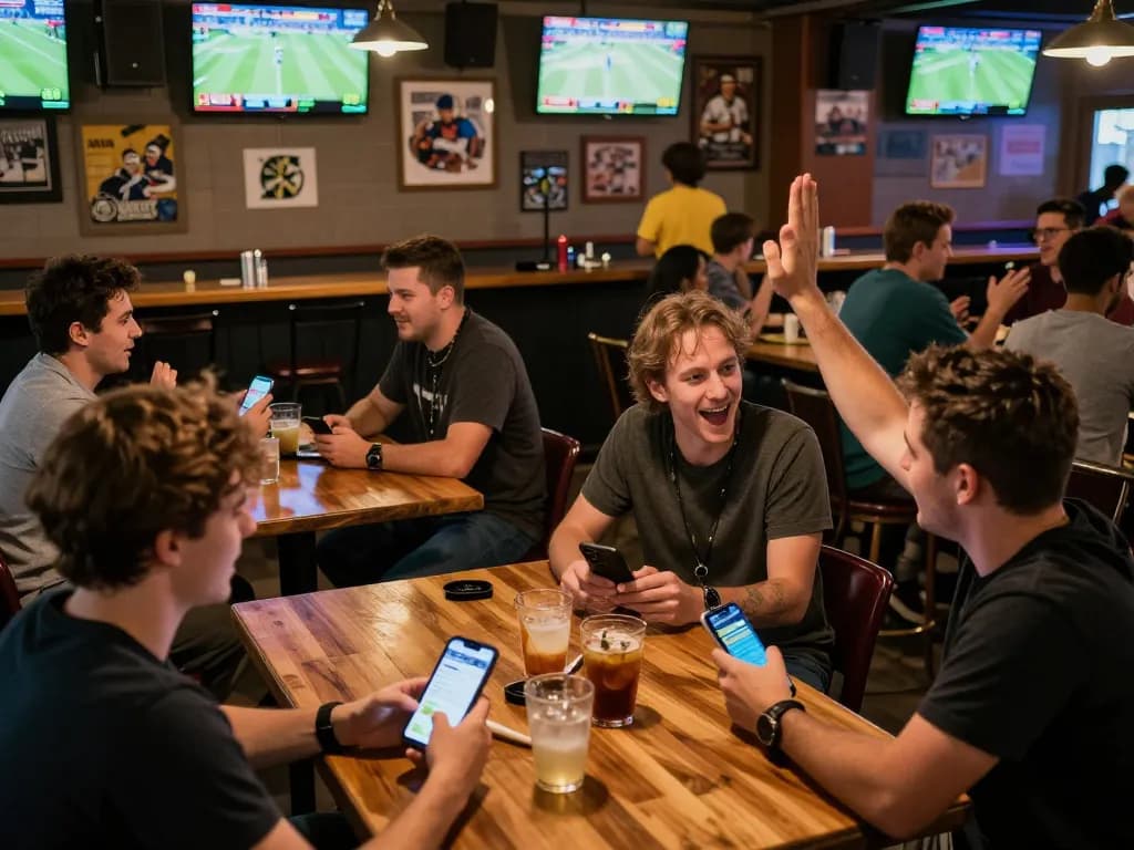 lu88 sports betting enthusiasts engaging in real-time betting at a lively bar
