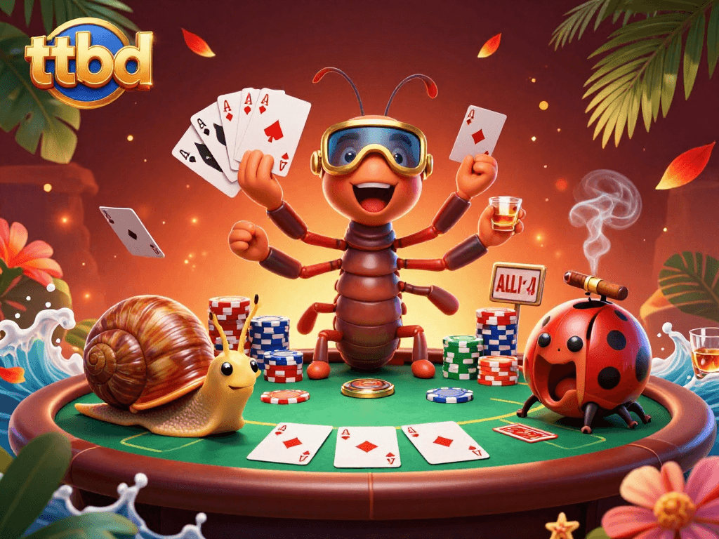 Experience thrilling poker action with ttbd, featuring a vibrant cartoon dealer and colorful chip stacks.