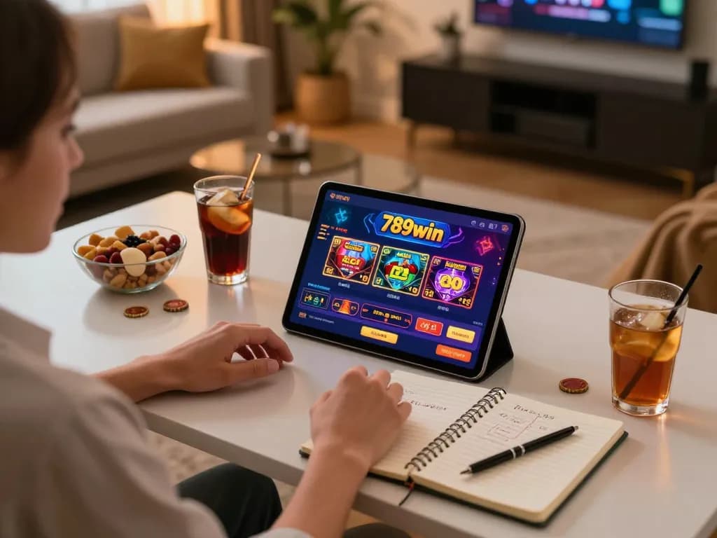 Player exploring 789win online casino on tablet with cozy home setup and game strategies.