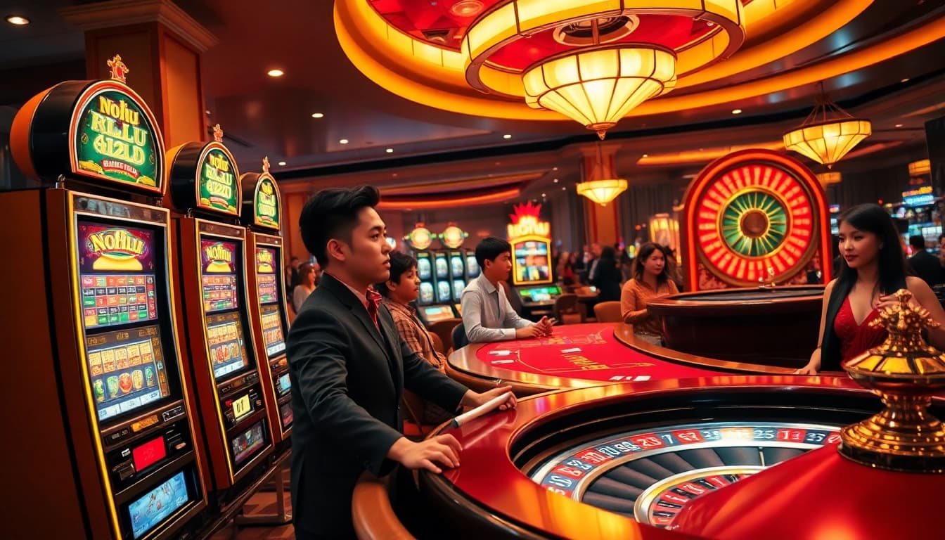Nohu casino scene showcasing excited players at slot machines and poker tables, highlighting vibrant gaming atmosphere.