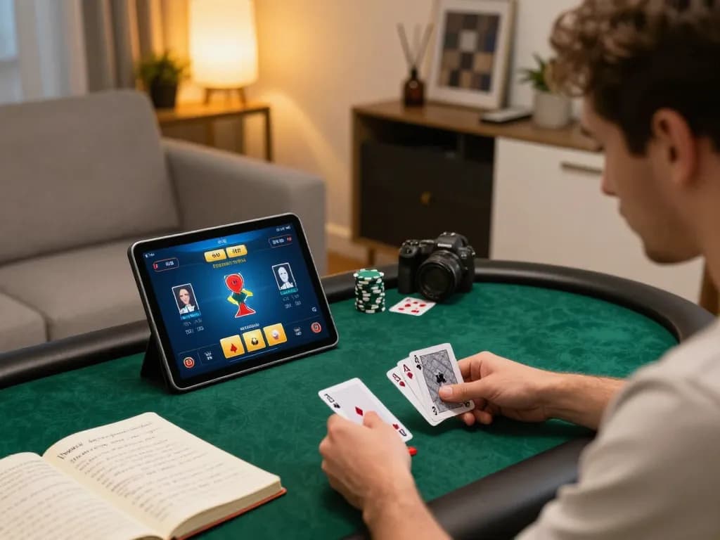 Player engaging in debet online poker game with strategic notes nearby, showcasing a focused gaming session