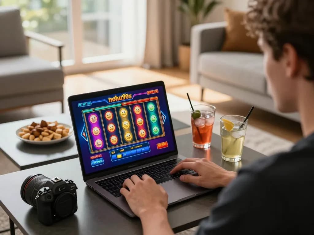 Nohu90s gameplay displayed on a laptop during an engaging home gaming session with vibrant slots.