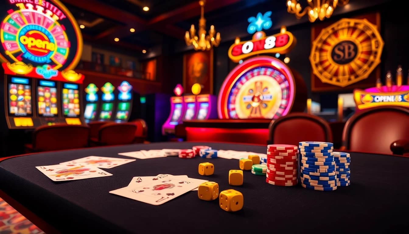 Experience the excitement of OPEN88 with vibrant casino elements including poker chips and roulette.