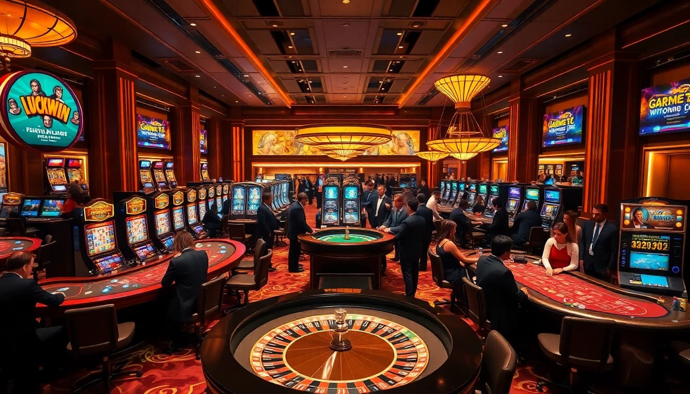 Luckywin casino scene with vibrant tables and engaged players enjoying thrilling games.