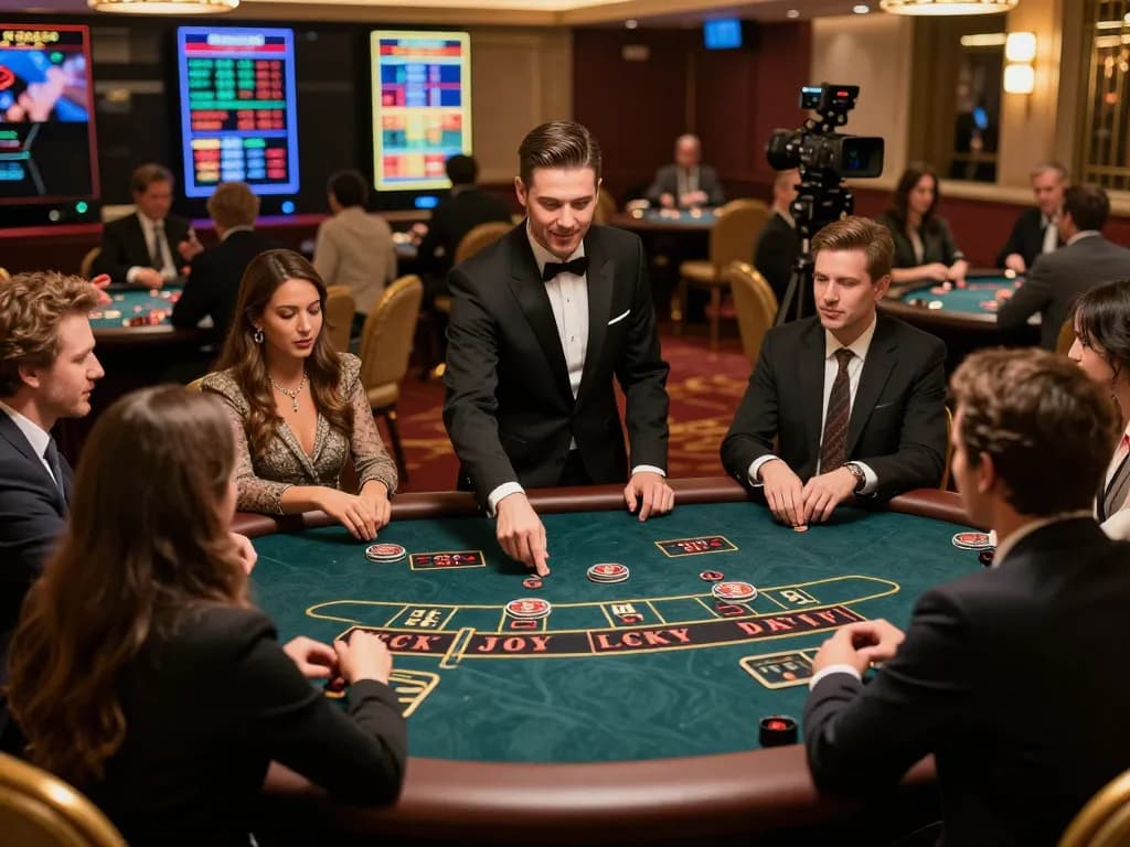 Experience the excitement at luckywin casino with players betting at a luxurious blackjack table.