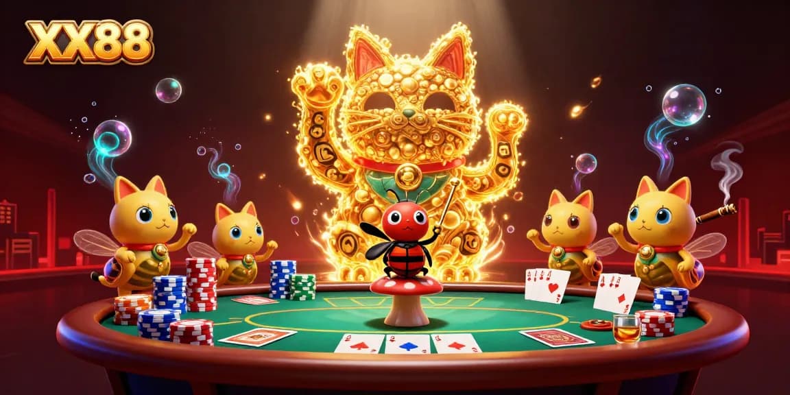 Experience the excitement of XX88 with a vibrant casino scene showcasing a lucky cat symbol surrounded by poker elements.
