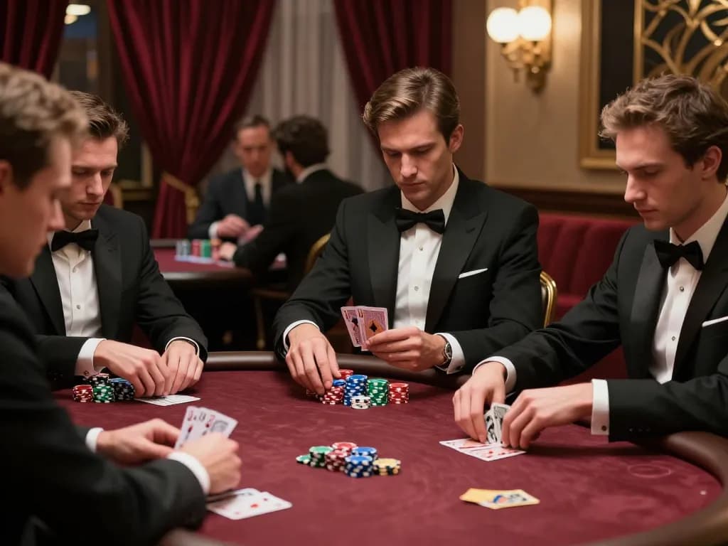 RR88 players strategizing during an intense poker game in a luxurious casino.